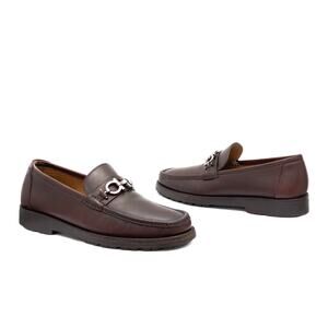 975$ SALVATORE FERRAGAMO Brown Leather Lug Sole Gancini Horsebit Loafers US 8 EE